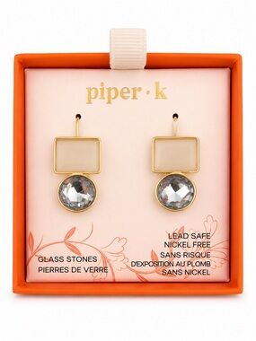 piper•k Gold-Tone Earrings with Cream Enamel and Clear Glass Stone Drops